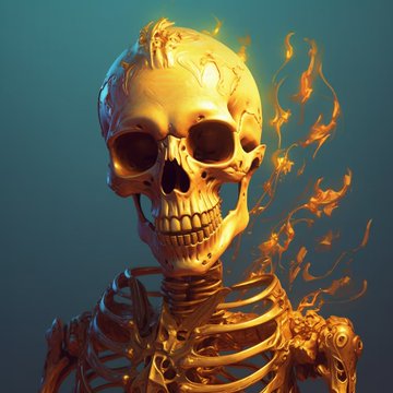 A golden skull engulfed in flames against a teal background, with detailed skeletal features including a ribcage visible at the bottom.