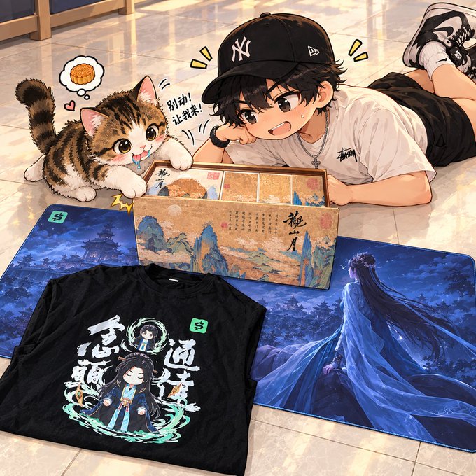 An anime-style illustration showing a character with a NY Yankees cap lying on the floor next to a tabby cat, with merchandise including a t-shirt and mousepad featuring Chinese-style designs.