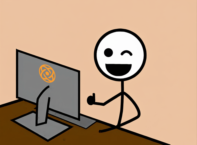 A cartoon stick figure winks while pointing at a computer monitor displaying an orange pretzel logo.