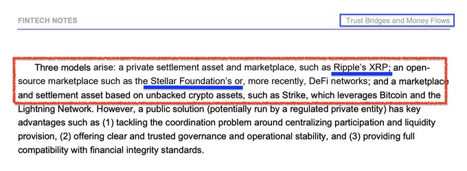 A highlighted excerpt from an IMF "Fintech Notes" report titled "Trust Bridges and Money Flows" that identifies three models for reducing FX fragmentation: a private settlement asset and marketplace (Ripple's XRP), an open-source marketplace (Stellar Foundation), and an unbacked crypto asset-based marketplace (Strike), with the post emphasizing Ripple's inclusion alongside the Stellar Foundation and Strike.