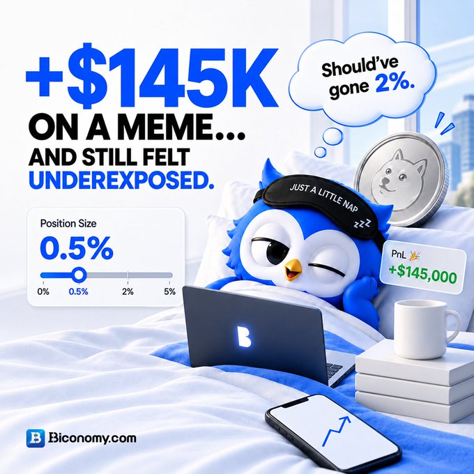 An advertisement for 'Biconomy.com' features a 3D-rendered blue owl wearing a 'JUST A LITTLE NAP' sleep mask on a bed with a laptop, promoting crypto trading with text '+ $145K ON A MEME... AND STILL FELT UNDEREXPOSED' and 'Should've gone 2%'.