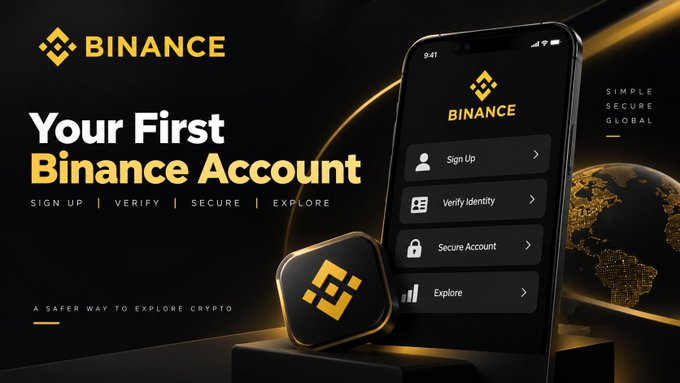 A sleek promotional graphic for Binance featuring a smartphone displaying the app's onboarding menu with options for "Sign Up," "Verify Identity," "Secure Account," and "Explore," alongside the headline "Your First Binance Account" and the tagline "A Safer Way to Explore Crypto," visually supporting the post's guide on navigating account setup from registration to verification.
