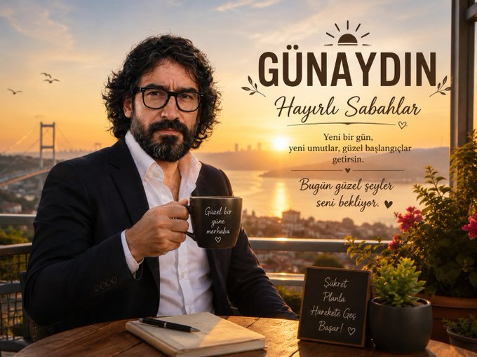 A man with glasses and a beard holds a coffee mug on a balcony overlooking the Bosphorus bridge at sunset, with Turkish text reading 'GÜNAYDIN Hayırlı Sabahlar' wishing a good morning.