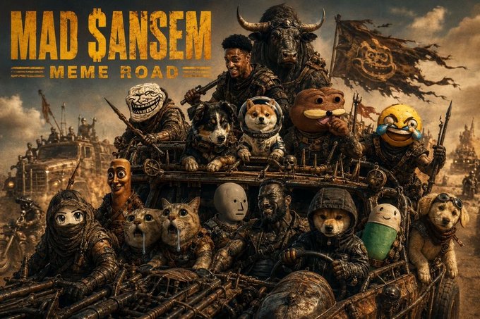 A Mad Max-style post-apocalyptic scene featuring a rugged vehicle crowded with various meme characters—including Doge, the Crying Cat, Trollface, and Pepe—alongside the text "MAD $ANSEM" and "MEME ROAD," visually reinforcing the post's message that memes drew the user in while $ANSEM conviction kept them there.