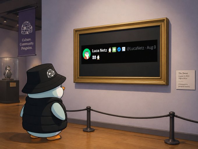 Digital illustration of a penguin wearing a black hat and puffer vest viewing a framed tweet by Luca Netz (@LucaNetz) displayed in a museum gallery setting.