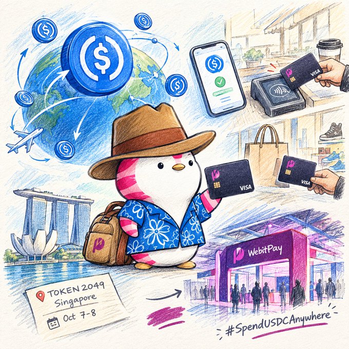 An illustration shows a penguin character wearing a straw hat and floral shirt holding USDC and Visa cards, surrounded by global finance imagery and labeled 'TOKEN 2049 Singapore Oct 7-8' and '#SpendUSDCAnywhere' at a 'WebitPay' booth.