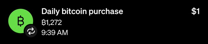 A mobile app notification shows a 'Daily bitcoin purchase' of ₿1,272 at 9:39 AM with a value of $1.