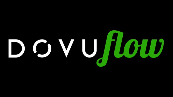The image displays the "DOVU flow" logo against a black background, with "DOVU" in white stylized lettering and "flow" in green cursive script. It serves as the visual branding for DOVU Flow, the platform mentioned in the post that simplifies real-world processes into verifiable onchain workflows with coordinated, auditable steps.