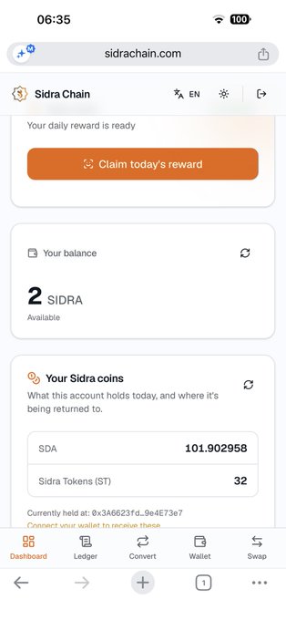 A mobile screenshot of the sidrachain.com dashboard showing a daily reward claim button, a balance of 2 SIDRA, and token holdings of 101.902958 SDA and 32 Sidra Tokens (ST).