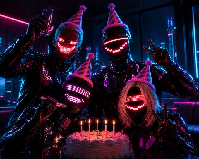 Four people wearing reflective black outfits, neon light-up face masks, and striped party hats celebrate around a birthday cake with lit candles in a neon-lit room with a city skyline view.