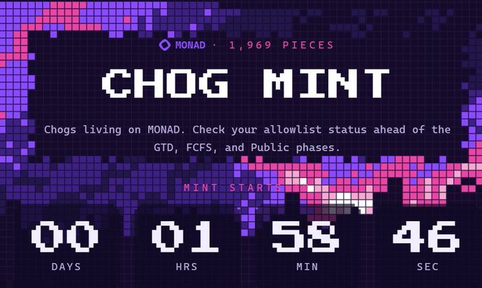 A pixel-art style promotional graphic for a crypto NFT collection titled 'CHOG MINT' displays a countdown timer of 00 days, 01 hours, 58 minutes, and 46 seconds against a background of purple, pink, and blue mosaic tiles.