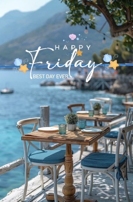 The image shows a beachfront restaurant with wooden tables and chairs set up near the water. There are two dining tables with blue tablecloths, each accompanied by four chairs. A potted plant sits on one of the tables, adding a touch of greenery to the scene. In the background, there is a boat visible in the water. The image also contains text that reads "Happy Friday fam gArC Gm Most platforms still rely heavily on centralized storage models, while @TheARCTERMINAL pushes toward sovereign AI infrastructure where privacy, memory persistence, and local control become core features instead of optional add-ons".