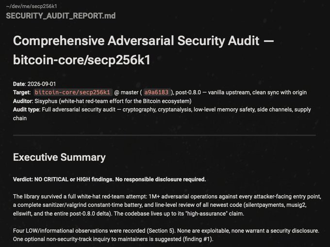 A screenshot of a SECURITY_AUDIT_REPORT.md document titled "Comprehensive Adversarial Security Audit — bitcoin-core/secp256k1," dated 2026-09-01, with an executive summary stating "Verdict: NO CRITICAL or HIGH findings. No responsible disclosure required."