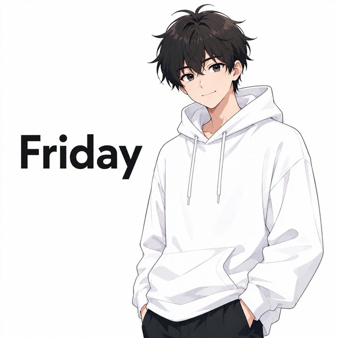 An anime-style young man with messy dark hair smiles while wearing a white hoodie, with the word "Friday" displayed in bold black text beside him.

The cheerful "Friday" caption and relaxed character perfectly capture the upbeat, end-of-week feeling that complements the optimistic message about a more connected, barrier-free Web3 future.