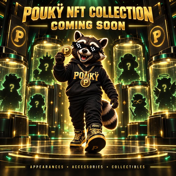 A promotional poster for 'POUKY NFT COLLECTION COMING SOON' features a raccoon character in streetwear holding a coin, surrounded by display cases containing silhouetted collectibles, with text reading 'APPEARANCES • ACCESSORIES • COLLECTIBLES'.