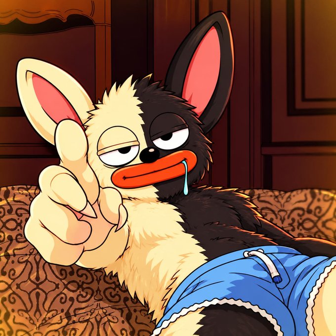 The image shows a cartoon anthropomorphic furry character with half-white and half-black coloring, drooling while pointing at the viewer, wearing blue shorts, set against a patterned couch and wood-paneled background. 

**Relationship to the post:** This appears to be a clickbait/airdrop scam using a generic mascot illustration (likely AI-generated furries or AI-style art) to lure users into claiming free tokens—the drooling, pointing pose mimics classic engagement-bait "Point to be a Millionaire" memes. There is no text or branding in the image itself; the artwork's only role is to act as an eye-catching thumbnail for the suspicious "$BORO" airdrop promotion, which is a well-known pattern of crypto giveaway scams designed to harvest SOL wallet addresses.