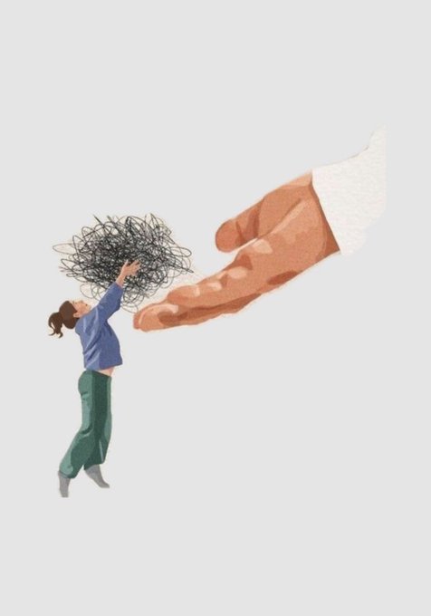 A small figure pushes back a massive hand with a tangled scribble, symbolizing resisting overwhelming stress. The illustration pairs with the post's message to relax, trust the process, and enjoy a peaceful Sunday with family.