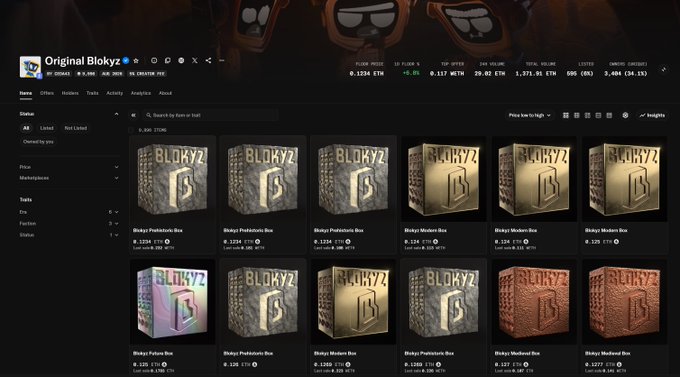An NFT marketplace page for the 'Original Blokyz' collection by OGNGAI on BNB, displaying various Blokyz Box NFTs including gold, platinum, and special edition boxes with floor prices.