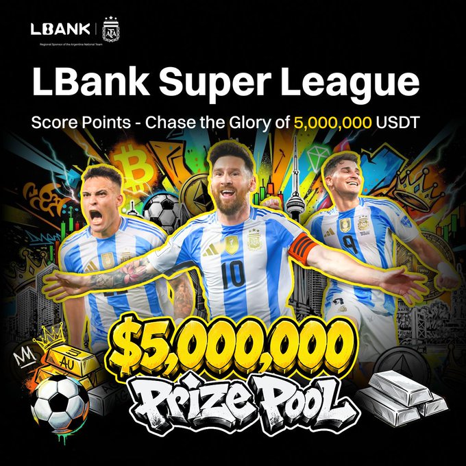 The image features an advertisement for a soccer game with three players standing side by side, each showcasing their team's colors. The background of the ad displays various elements related to soccer, including football balls, coins, money, and a trophy pool. The title of the event is "LBank Super League" at the top of the image. It also states that there are $5,000,000 USDT prize pool up for grabs through this game, which adds an extra layer of excitement to the advertisement.
