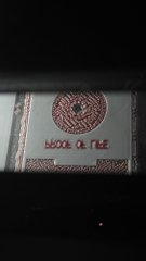 A close-up of a screen displaying a red circular eye logo and the text 'BOOK OF ME' between decorative borders.