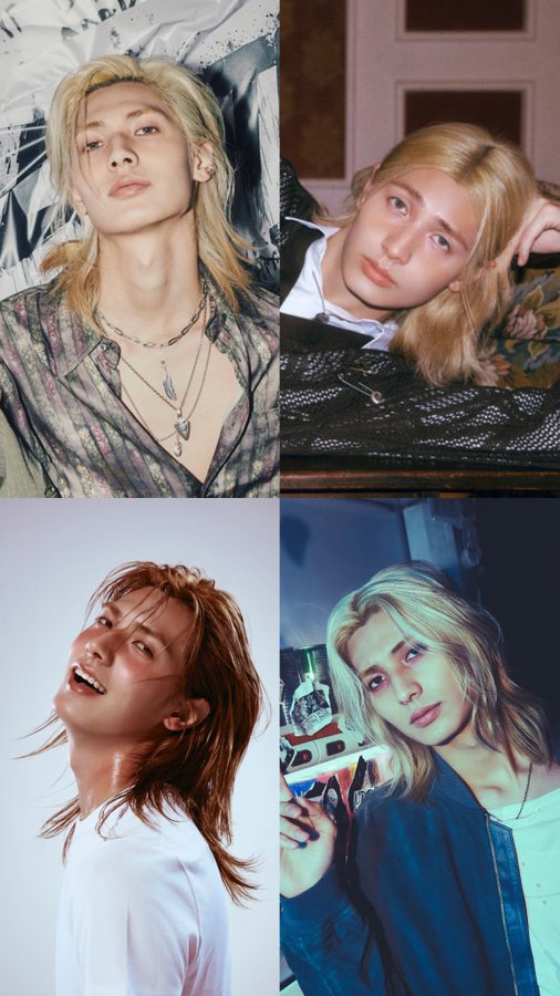 A four-panel collage shows portraits of a young blonde man in various styled photos, including poses in patterned clothing, lying on a couch, smiling upward, and holding a bottle of liquor.