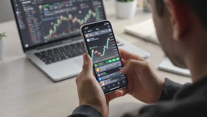The image features a man sitting at a desk with his head down while holding up an iPhone screen displaying a chart related to Bitcoin trading, possibly showing recent fluctuations or trends in cryptocurrency values. The man appears to be closely engaged with his phone's content as he examines the data presented on the screen. The surrounding environment consists of two potted plants placed next to each other and some books visible behind him, indicating that it might be a workspace or office setting.