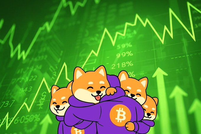 This image shows four cartoon Shiba Inu dogs wearing purple Bitcoin-branded hoodies, set against a green background with an upward-trending stock chart and percentage increases (59%, 99%, 218%, 196,050%) displayed.