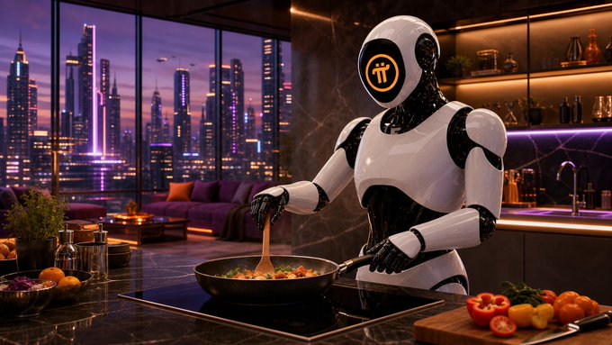 A humanoid robot cooks at a sleek modern kitchen counter while a glowing cryptocurrency-style logo glows on its face, with a vibrant nighttime cityscape visible through floor-to-ceiling windows. The image illustrates the emerging "machine economy" concept, depicting an autonomous AI-powered device performing everyday human tasks, fitting the post's vision of robots requiring instant crypto-based payment rails rather than traditional banking systems.