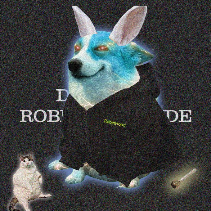 A surreal image of a blue dog with bunny ears wearing a black 'RobinHood' hoodie, with a cat and a magic wand nearby, and the text 'ROBINHOODE' in the background.