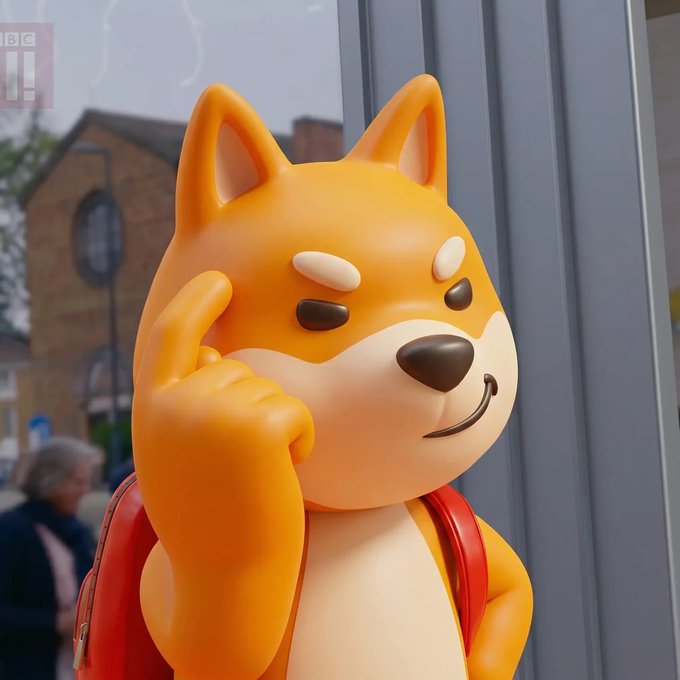 A 3D-rendered cartoon Shiba Inu character wearing a red backpack, making a middle finger gesture with an angry expression, set against an urban street background with a BBC logo watermark.