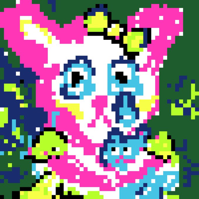 A colorful pixel art portrait of a stylized figure with pink hair and blue accents against a dark green background.