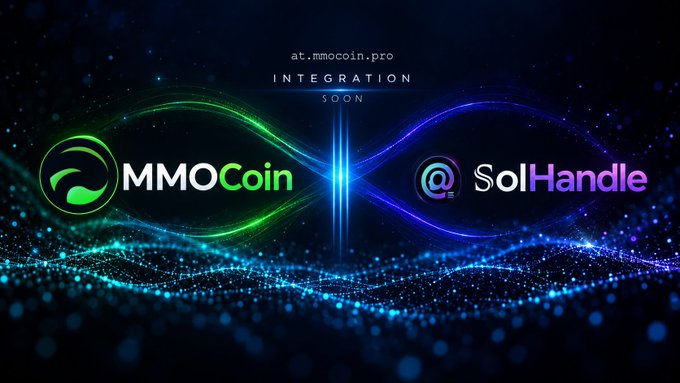 A promotional graphic announces an upcoming integration between MMOCoin and SolHandle, labeled "at.mmocoin.pro." The design features an infinity symbol with green and blue light trails against a starry, cosmic background.