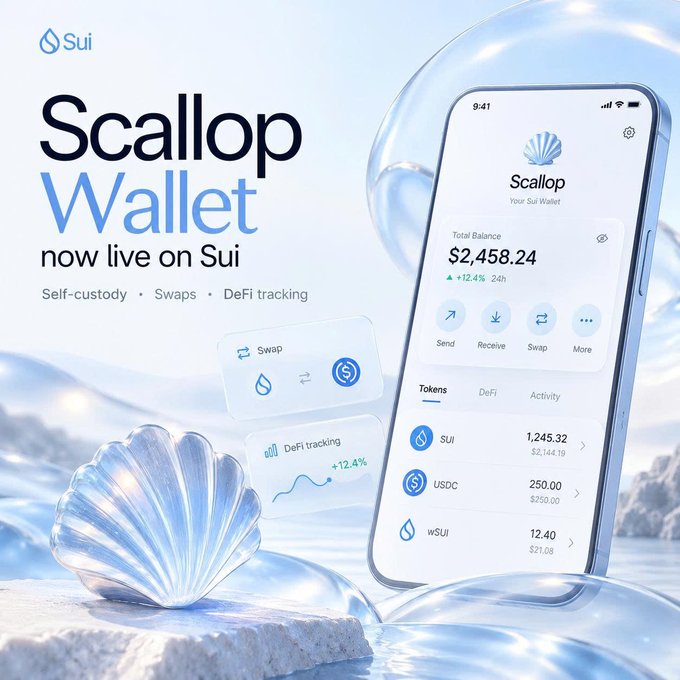Promotional graphic for 'Scallop Wallet now live on Sui,' featuring features like Self-custody, Swaps, and DeFi tracking, with a phone display showing a $2,458.24 balance.
