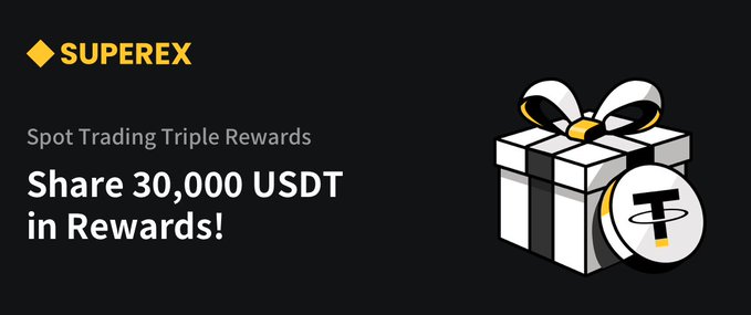 A promotional banner for SUPEREX advertises 'Spot Trading Triple Rewards' offering a chance to 'Share 30,000 USDT in Rewards!' featuring a gift box and USDT coin graphic.