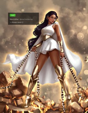 The image shows a digital illustration of a woman in a white Grecian-style dress and golden gladiator sandals, standing triumphantly with broken golden chains falling from her wrists amid a sparkling, ethereal background. The text in the top-left reads "MertAtölye @mertatolye.bio • Kosar Amiri 2," and the artwork visually symbolizes liberation and empowerment, reflecting the piece's title "Weight of the World" as the figure breaks free from the chains that once bound her.