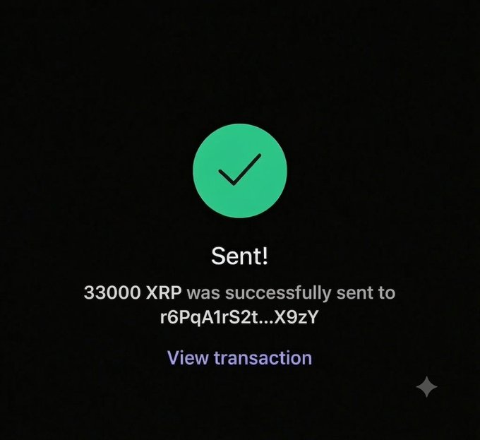 The image shows a message screen with an XRP logo and a green checkmark symbolizing successful transmission of funds. The text indicates that $33,000 was sent successfully to another follower who has never won.