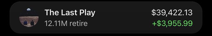 A dark financial widget displays "The Last Play" with a 12.11M position, showing a current value of $39,422.13 and a daily gain of +$3,955.99 in green, complementing the celebratory retirement post about the $retire ticker's strong performance.