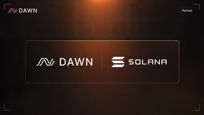 A promotional graphic with a dark background featuring the logos of "DAWN" and "SOLANA" side by side, announcing their new partnership. The image complements the announcement by highlighting the collaboration between Dawn and Solana for the launch of USD.infra, bringing real-world internet infrastructure on-chain.