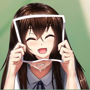 The image features a girl with long brown hair wearing a white shirt, holding up a picture of herself that has been cut off or partially removed from its frame. She appears to be smiling at her reflection in the mirror. The background of the image is green, and there are some text elements present as well. The post "ZODL" suggests that this girl's image might be related to an anime or a similar creative work featuring characters with long hair and unique appearances.