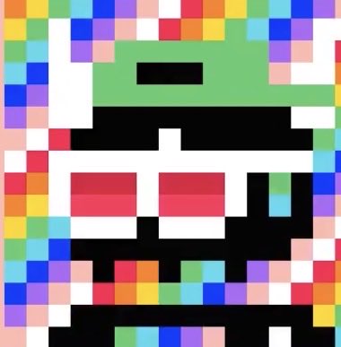 A pixel art image showing a stylized face with sunglasses rendered in blocky colorful squares against a black background.