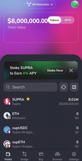 A mobile crypto wallet screenshot showing $8,000,000.00 total value in SUPRA tokens, with a promotional banner to 'Stake SUPRA to Earn 8% APY' and a token list showing SUPRA, ETH, supUSDC, and supETH balances.