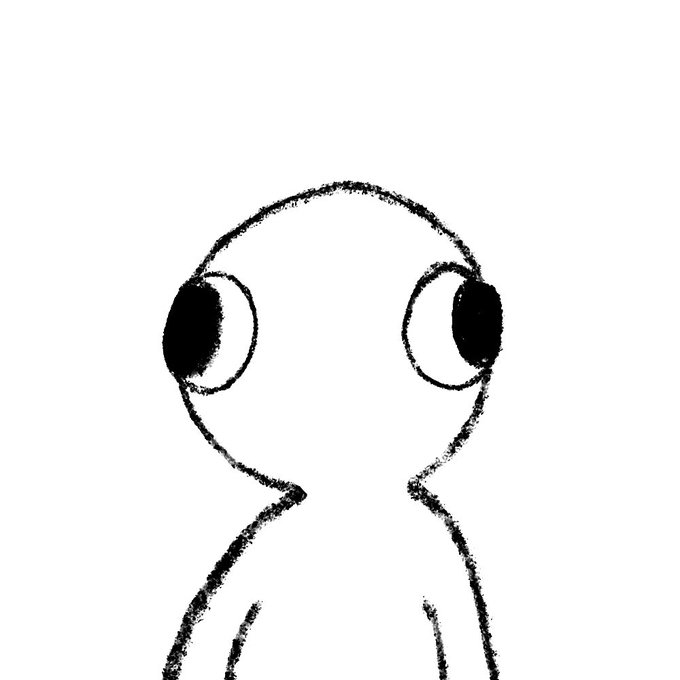 A simple hand-drawn sketch of a stick figure character with a round head, large googly eyes, and a small body, created as part of a casual drawing challenge from a social media post requesting fan art submissions (no AI allowed) to be featured on a creator's friends list.