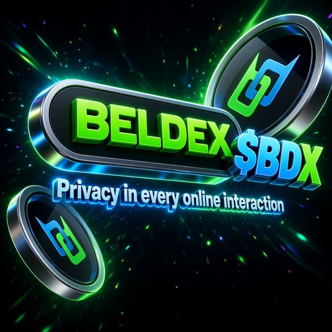 A promotional graphic for a cryptocurrency or service called 'BELDEX $BDX' with the tagline 'Privacy in every online interaction,' featuring green and blue neon-style logos against a dark background.