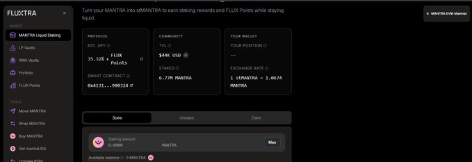 A dark-themed cryptocurrency dashboard for MANTRA Liquid Staking showing protocol information with estimated APY of 5.125%, a community balance of 686 US$, and a staking option for 0.7% MANTRA.