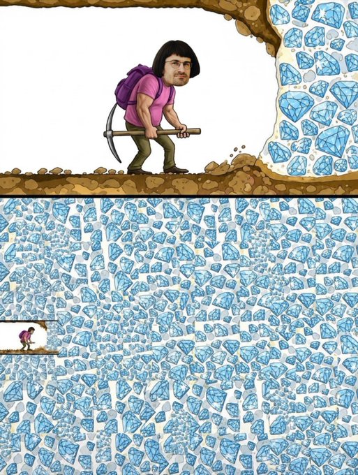 A cartoon-style video game screenshot shows a muscular miner with a human face superimposed, holding a pickaxe next to a massive wall of blue diamonds.