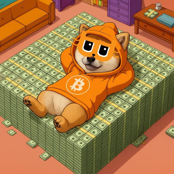 A relaxed Shiba Inu dog wearing an orange Bitcoin (₿) hoodie lounges on a massive pile of cash bundles in a cartoon-style room. The image ties into the post's promotion of memecoins like $DOG and $BILLY on Bitcoin's Runes protocol, visually representing the wealth and protection theme behind these tokens.