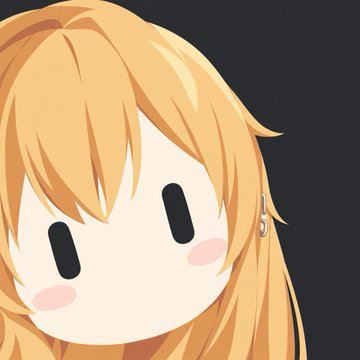 A close-up illustration of an anime-style character with long orange hair, black oval eyes, and pink cheeks set against a dark background.