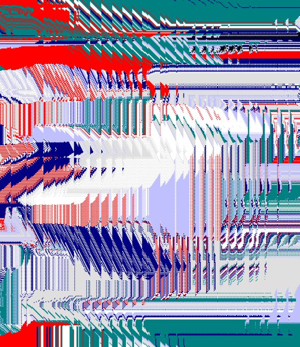 An abstract, glitch-art style image with glitchy red, white, teal, and blue pixelated patterns resembling fragmented text or code.