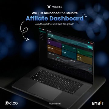 The image features an open laptop with a live dashboard displayed on its screen. The headline of the post states "We just launched the Mubite Affiliate Dashboard - join the partnership built for growth!" This suggests that the dashboard has been recently launched, and it provides details about how creators, communities, and traders can grow using this platform to monitor their progress in real time.