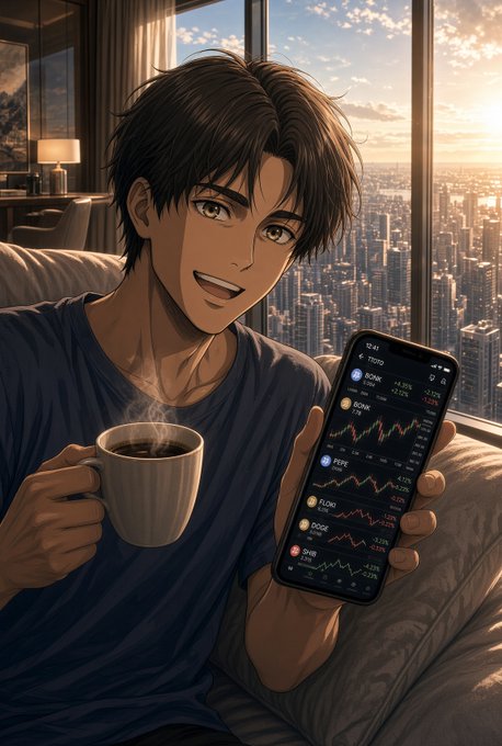 A relaxed young man with tousled dark hair lounges on a couch in a high-rise apartment, holding a steaming mug of coffee in one hand and his smartphone in the other. He smiles warmly at the camera while showcasing a stock market or crypto trading app on his phone screen, which displays multiple charts with red and green candlestick patterns and tickers such as "KONK," "PEPE," and "OOG," along with percentage gains and losses. Behind him, a stunning cityscape stretches out through floor-to-ceiling windows under a golden sunrise, reinforcing the cheerful "Gm" (good morning) greeting by capturing that quintessential early-morning ritual of checking markets with a fresh cup of coffee in hand.